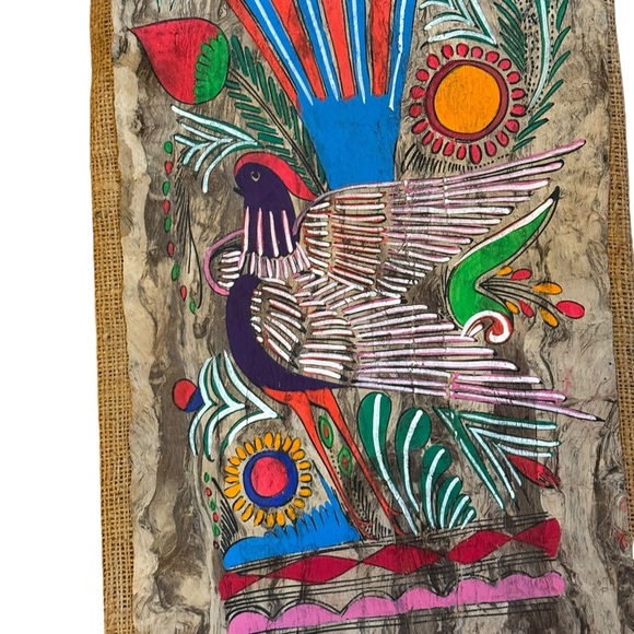 Mexican Folk Art Fancy Bird Painting in Burlap Embroidered Textile Art Panels - Picture 6 of 10